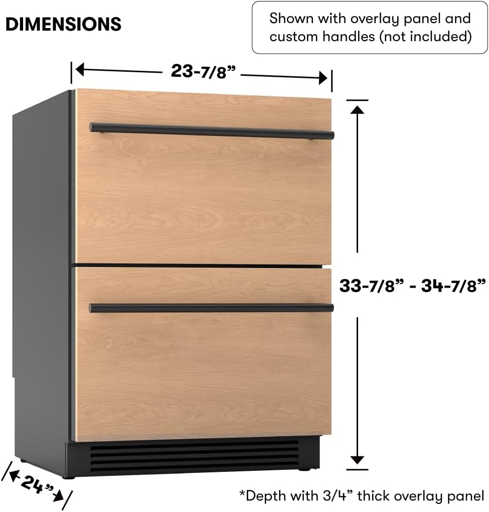 Zephyr 24' Presrv™ Panel Ready Refrigerator Freezer Drawers - Dual Zone Built In Fridge with Modes for Freezer, Fridge and Pantry, LED Lighting, Soft Close (Panels, handles are not included)