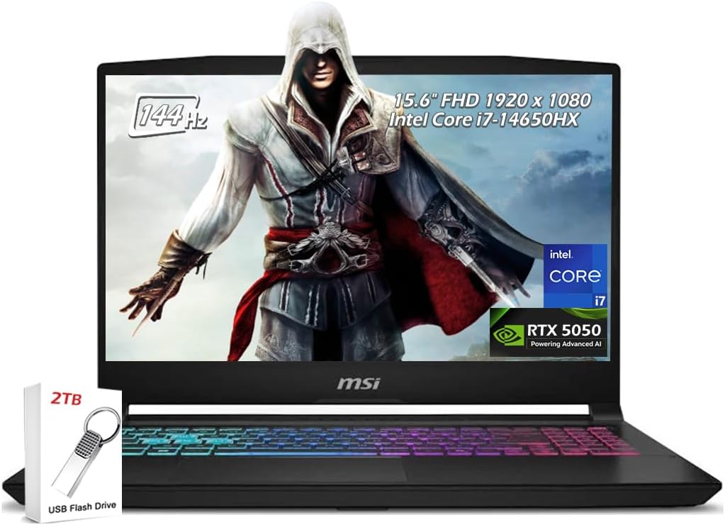 msi Katana 15 HX 15.6' FHD Gaming Laptop, Intel Core i7-14650HX, NVIDIA GeForce RTX 5050 8GB 16GB RAM 1TB SSD, Wi-Fi6E, Bluetooth, Backlit KB, Win11, Black, w/2TB USB Drive, W/GaLiMu