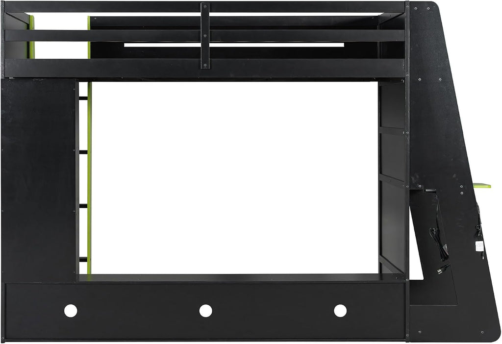 LUMISOL Twin Size Gaming Loft Bed with Desk, RGB LED Lights & Charging Stations, Wood Loft Bed Frame with Storage Bookshelves for Kids, Teens & Adults, Green + Black