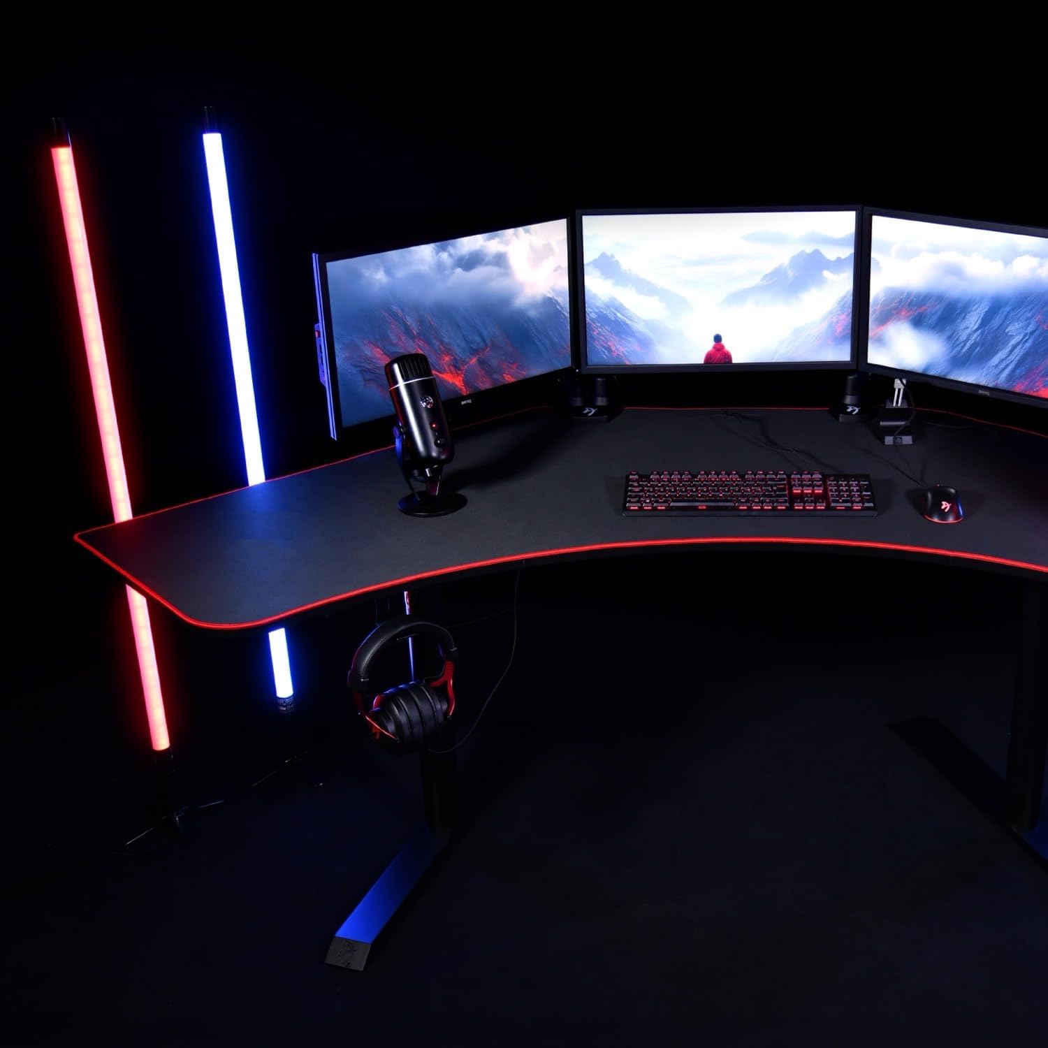 Arozzi Arena Angelo L Shaped GamingDesk, PC GamingDesk L Shape, Height Adjustable L Shaped Standing Desk for Home Office, with Full Coverage Mouse Pad (Black)