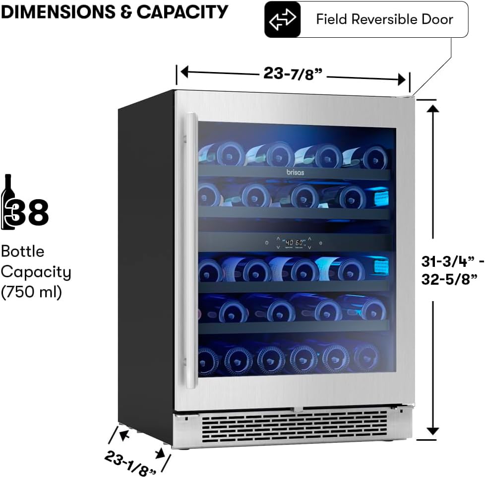 Zephyr Brisas 24' Wine Fridge ADA Dual Zone Under Counter - Countertop Mini Wine Cooler Cellars Small Cabinet Wine Refrigerator Home Bar Chiller Freestanding with Glass Door - 38 Bottles 750ml