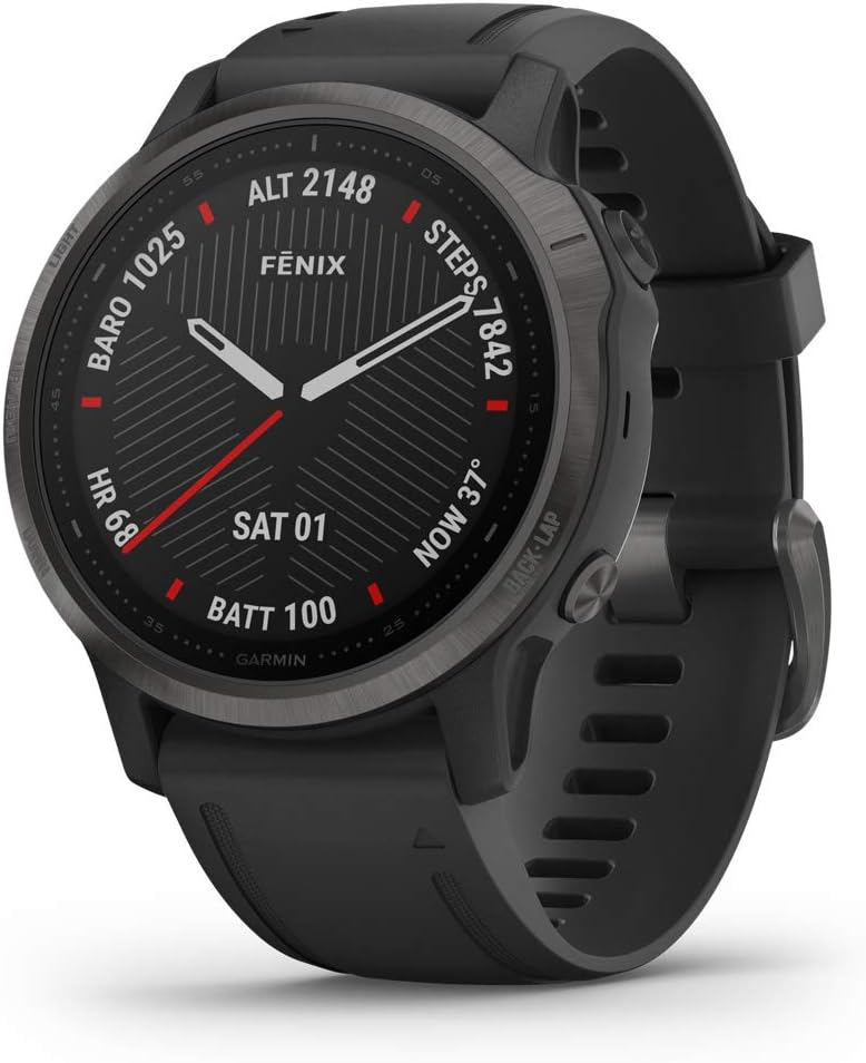 Garmin Fenix 6S Sapphire, Premium Multisport GPS Watch, Smaller-Sized, Features Mapping, Music, Grade-Adjusted Pace Guidance and Pulse Ox Sensors, Carbon Gray DLC with Black Band