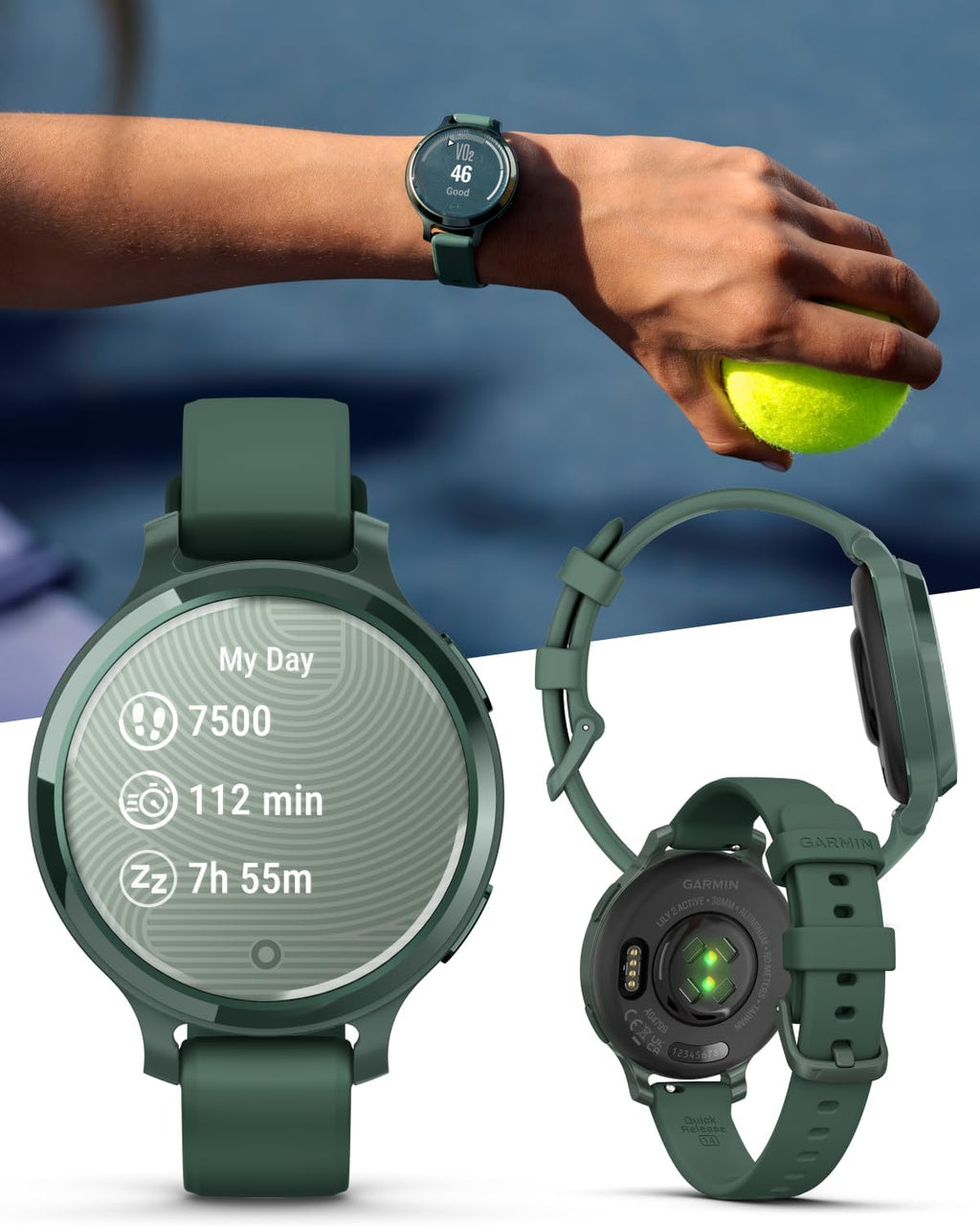 Garmin Lily 2 Active, Jasper Green with Jasper Green Silicone Band, Smartwatch, Built-in GPS, Hidden Display, Patterned Lens, Up to 9 Days Battery Life w Black Earbuds Bundle