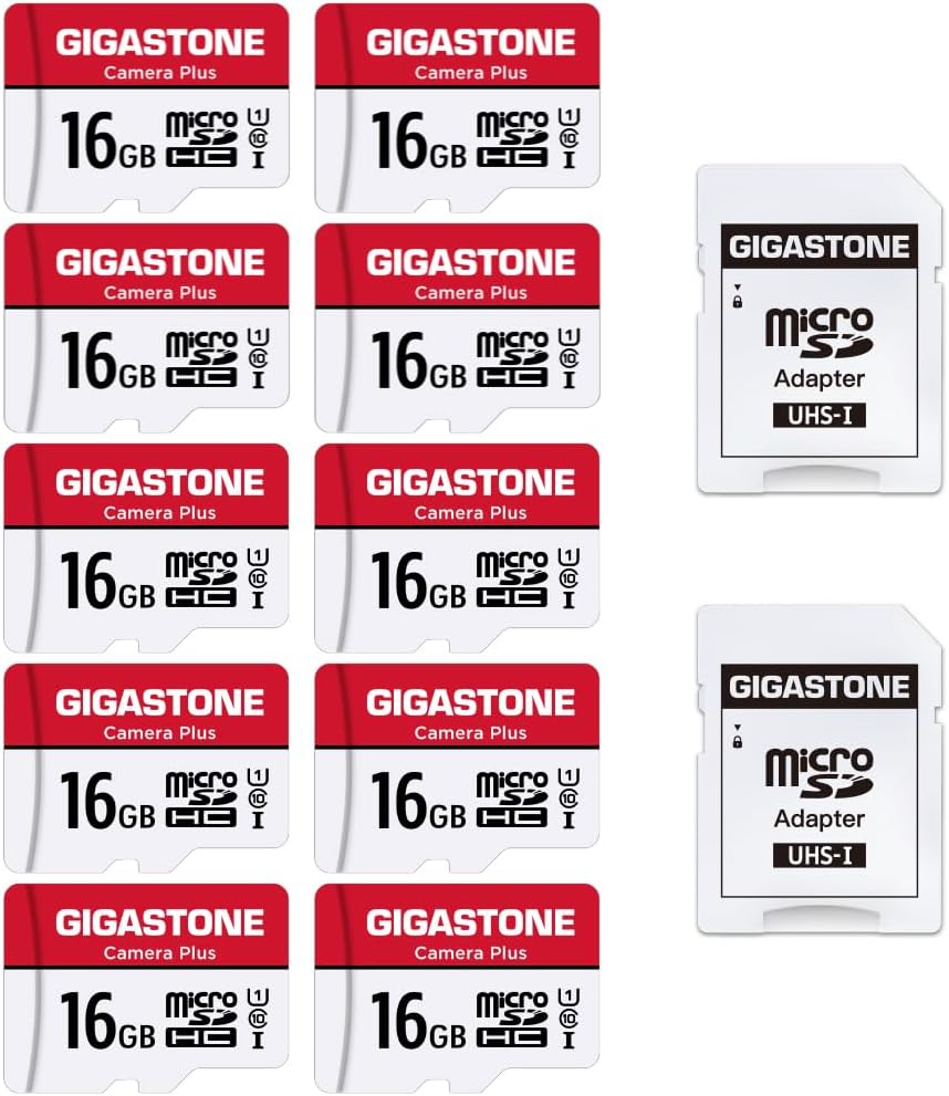 GIGASTONE 16GB Micro SD Card 10-Pack, Camera Plus, MicroSDHC Memory Card for Wyze Cam, Security Camera, Full HD Video Recording, UHS-I U1 Class 10, up to 85MB/s, with MicroSD to SD Adapter