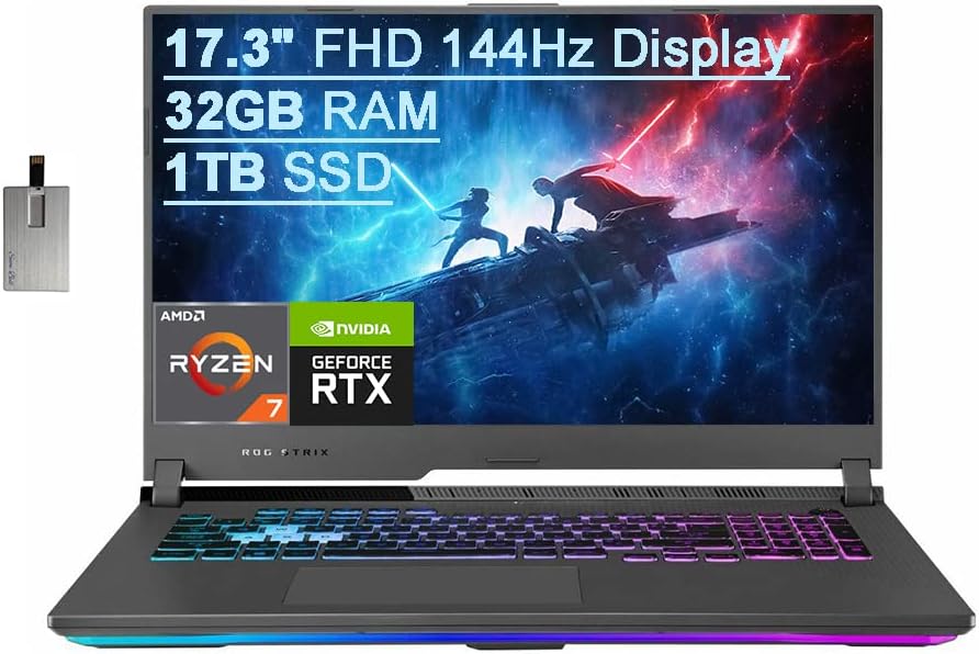 ASUS 2021 ROG Strix G17 17.3' FHD 144Hz Gaming Laptop, AMD Ryzen 7-4800H 8-core, 32GB RAM, 1TB PCIe SSD, Backlit Keyboard, NVIDIA GeForce RTX 3060, Windows 10, Gray, 32GB USB Card
