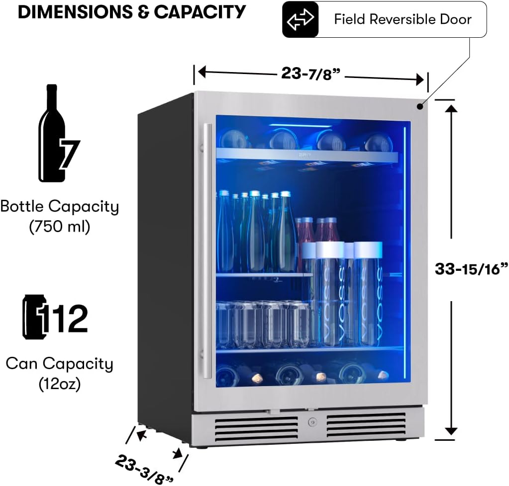 Zephyr Presrv 24 Inch Beverage and Wine Fridge Single Zone Under Counter, Built-in Drink Refrigerator, 7 Bottles, 108 x12oz Cans