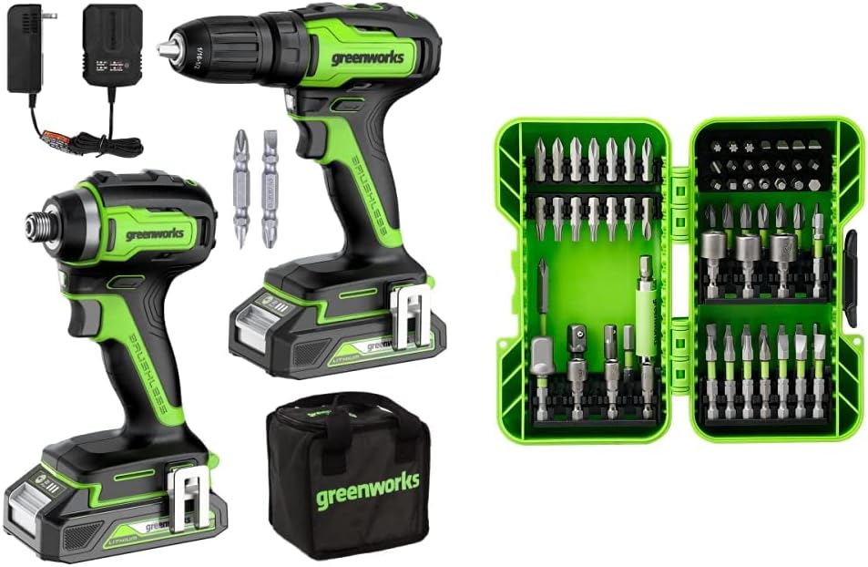 Greenworks 24V Brushless Drill/Driver + Impact Drive Combo Kit, Batteries and Charger Included, with 70-Piece Impact Rated Driving Bit Set