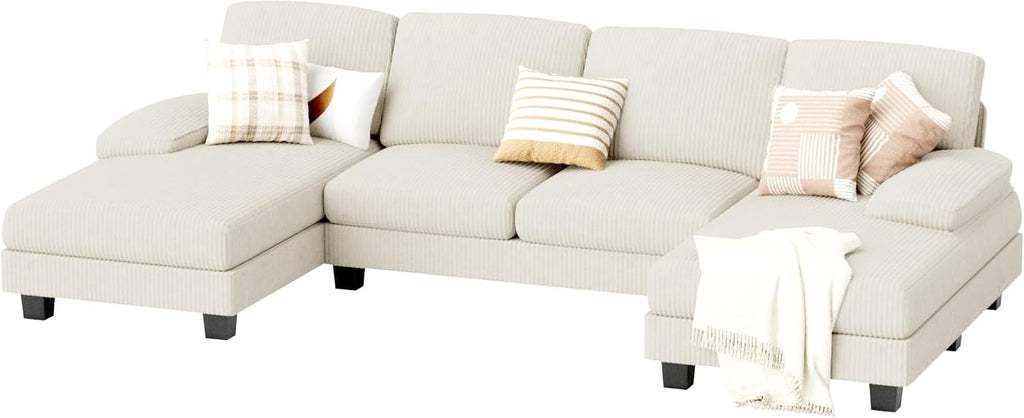 JUMMICO Sectional Couches for Living Room, U Shaped Couch with Chenille Fabric, 4 Seat Modern Sofa with Removable Pillows for Apartment and Small Space (Corduroy, Beige)