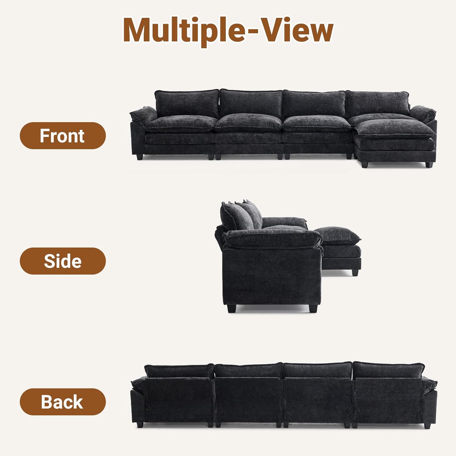 VINGLI 157' Cloud Black Convertible Sectional Sofa, Comfy L-Shape Extra Deep Seat Sofa Couch for Living Room,Modern Chenille 4-Seat Convertible Sofa with Movable Ottoman for Small Space