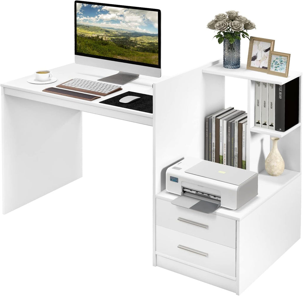 Tangkula White Desk with 2 Storage Drawers & Bookshelf, Home Office Desk with Corner Bookshelf & Printer Stand, Small Writing Study Desk for Small Space, Modern Vanity Table for Bedroom (White)