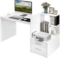 Tangkula White Desk with 2 Storage Drawers & Bookshelf, Home Office Desk with Corner Bookshelf & Printer Stand, Small Writing Study Desk for Small Space, Modern Vanity Table for Bedroom (White)