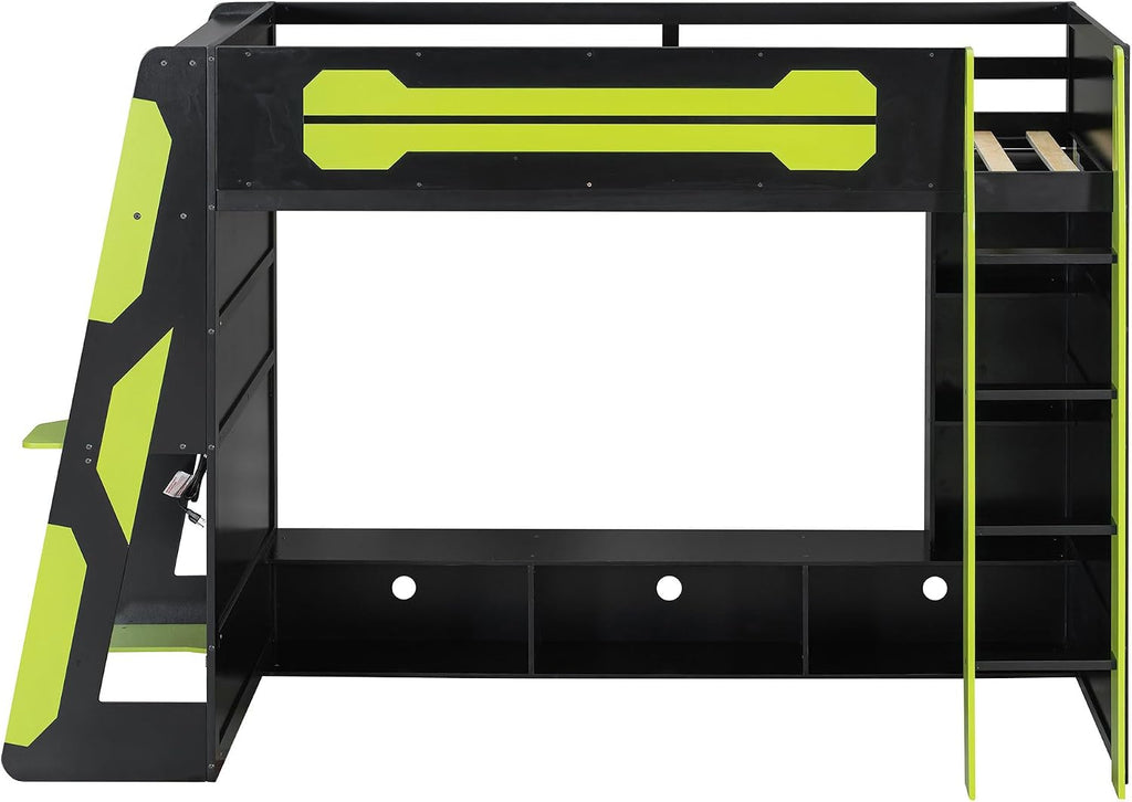 LUMISOL Twin Size Gaming Loft Bed with Desk, RGB LED Lights & Charging Stations, Wood Loft Bed Frame with Storage Bookshelves for Kids, Teens & Adults, Green + Black