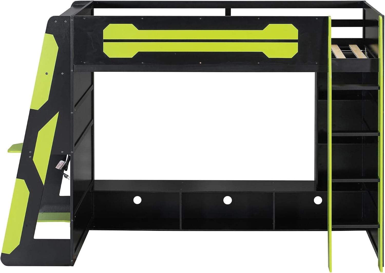 LUMISOL Twin Size Gaming Loft Bed with Desk, RGB LED Lights & Charging Stations, Wood Loft Bed Frame with Storage Bookshelves for Kids, Teens & Adults, Green + Black