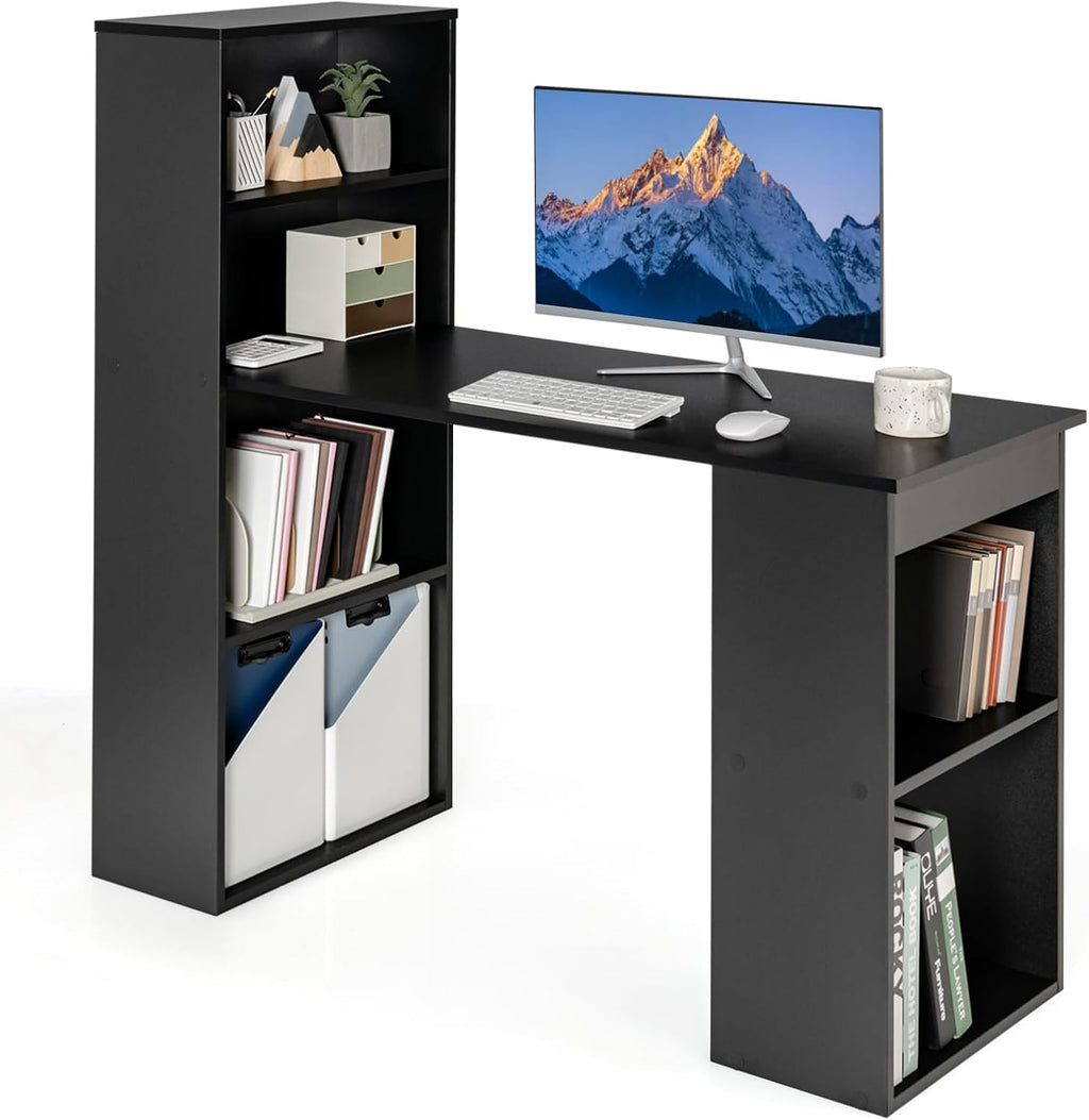 Giantex 48 Inch Computer Desk with Bookshelf, 3-in-1 Home Office Desk with 4-Tier Bookcase & CPU Stand, Space-Saving Reversible Writing Desk Work Table for Bedroom, Study Room, Office (Black)