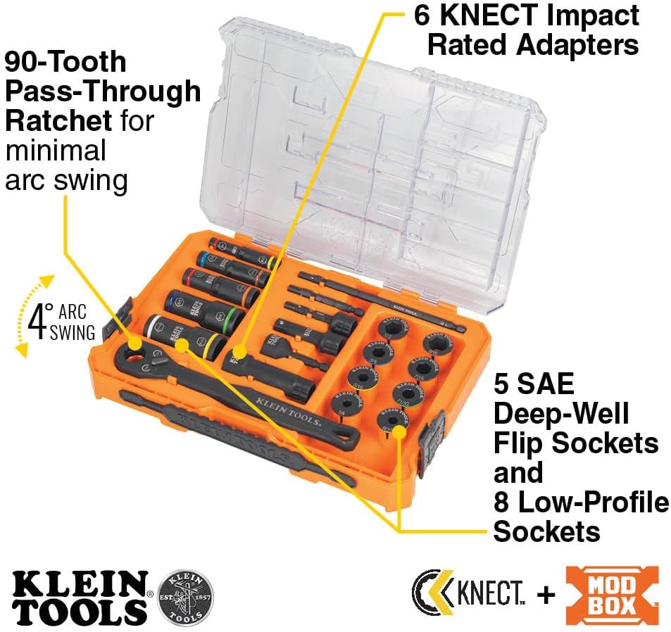 Klein Tools 65240 KNECT Impact Deep-Well Flip Socket and Low-Profile Pass Through Socket Set, SAE, 20-Piece, MODbox Case, 1/4-Inch and 3/8-Inch Drive