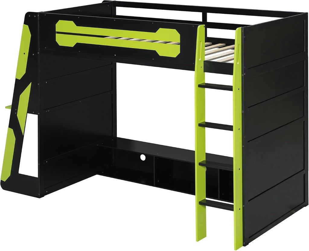 Merax Twin Size Gaming Loft Bed with Desk and Multi-Storage Shelves, Wooden Loft Bed Frmae with Light, Space-Saving Bed with Safety Guardrail