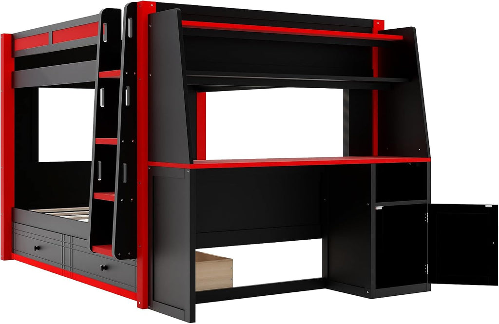 Full Size Multifunctional Bunk Bed with LED Light, Desk and Bookshelves, Drawers, Space-Saving Wooden Bunk Bed for Kids & Teens