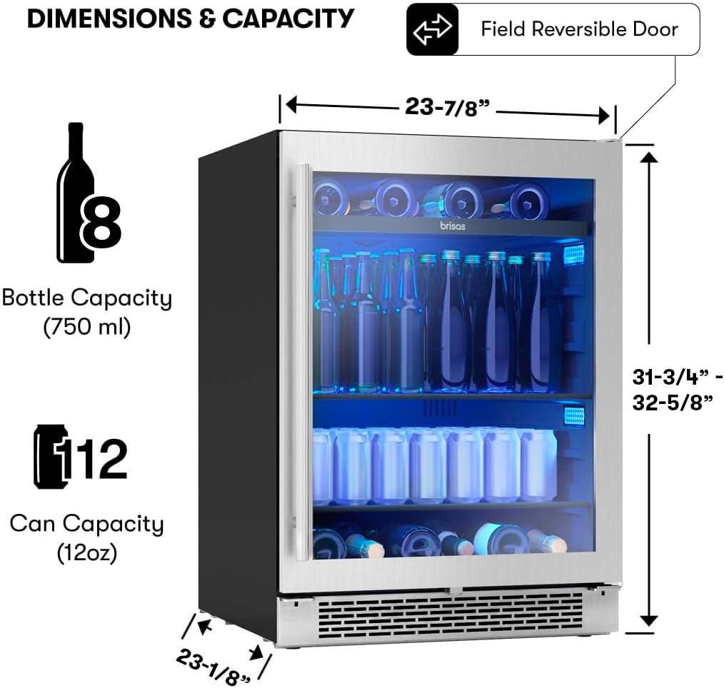 Zephyr Brisas 24' Wine Fridge & Beverage Refrigerator ADA Single Zone Under Counter - Wine Cooler Cellars Small Home Beer Fridge Cabinet Drink Chiller Freestanding with Glass Door - 8 bottles 112 cans