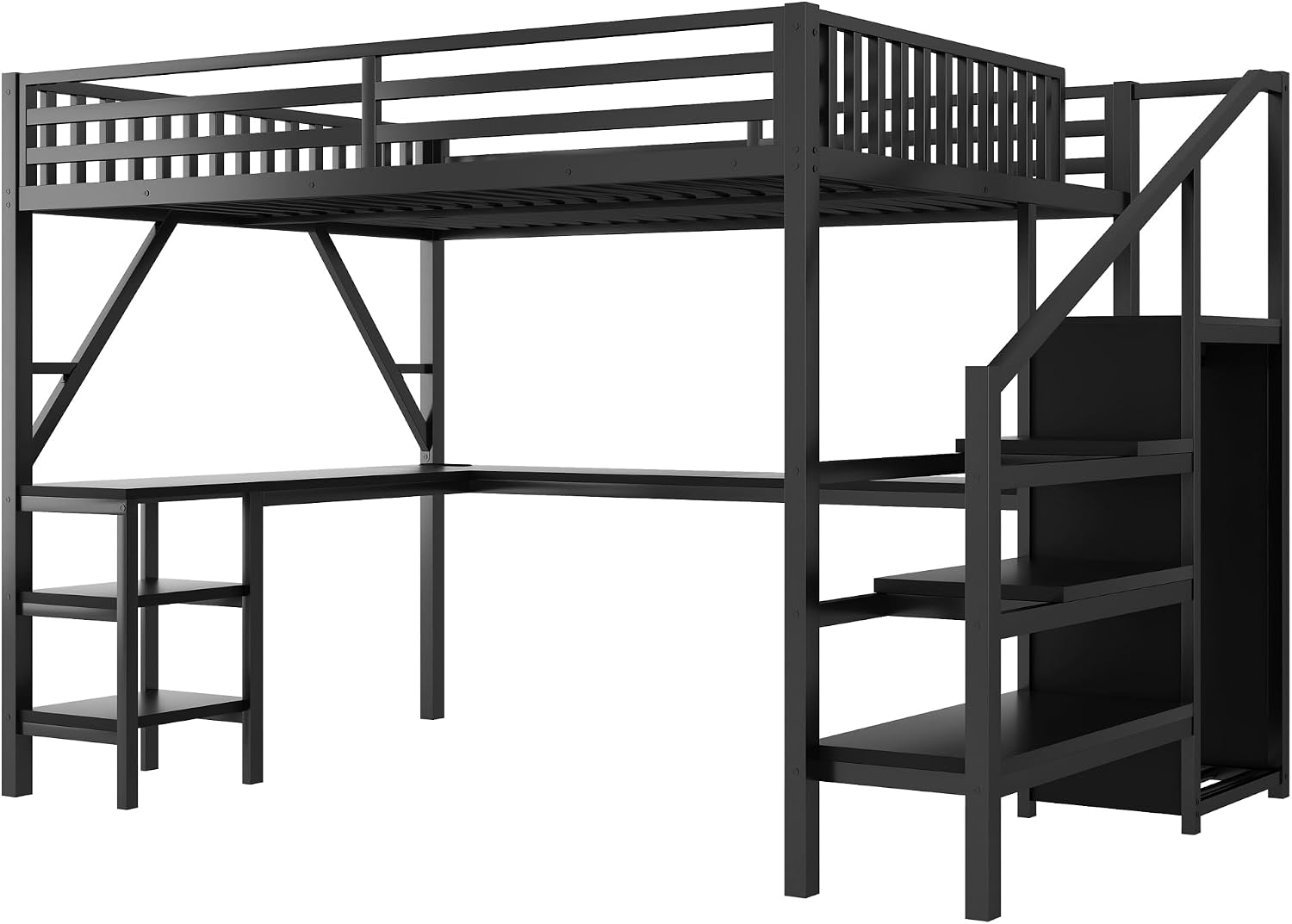 Queen Size Loft Bed with Desk & Stairs, Metal Loft Bed Frame with Storage Shelves, Charging Station & LED Light, Gaming Loft Beds with Wardrobe for Kids Teens Adults, Black