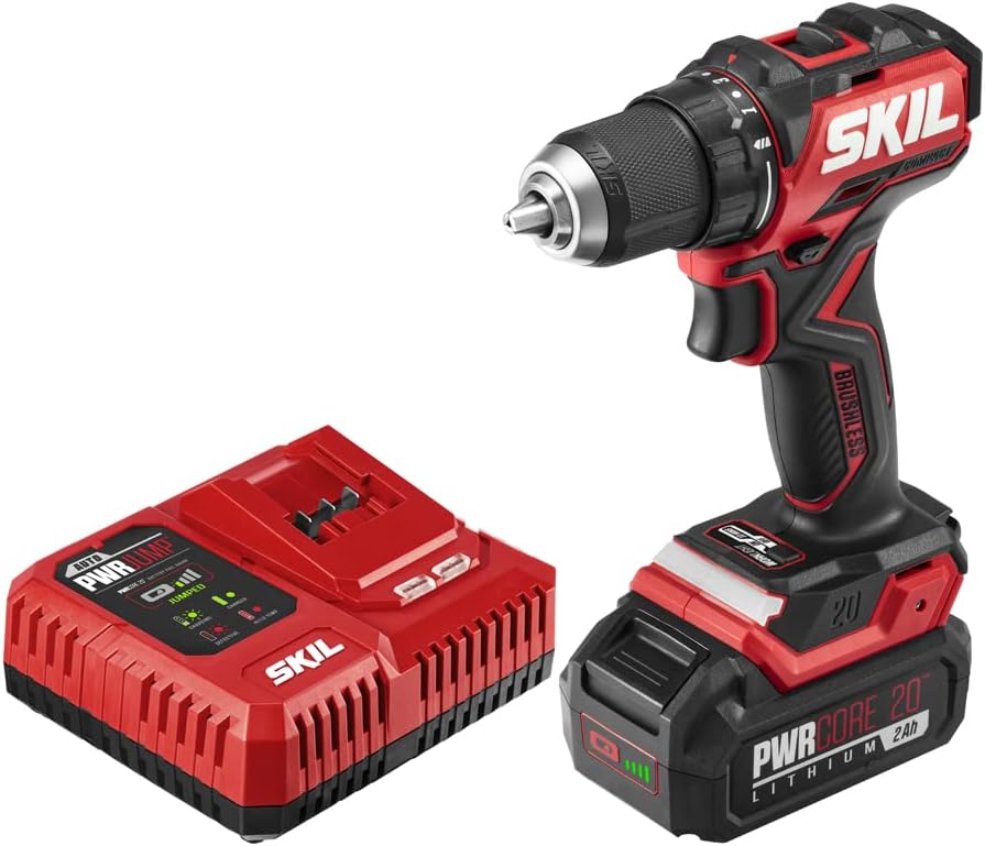 SKIL PWR CORE 20 Brushless 20V Compact Variable-Speed Drill Driver Kit with 1/2-Inch Single-Sleeve, Keyless Ratcheting Chuck & LED Worklight, Includes 2.0Ah Battery and PWR Jump Charger - DL6293B-10