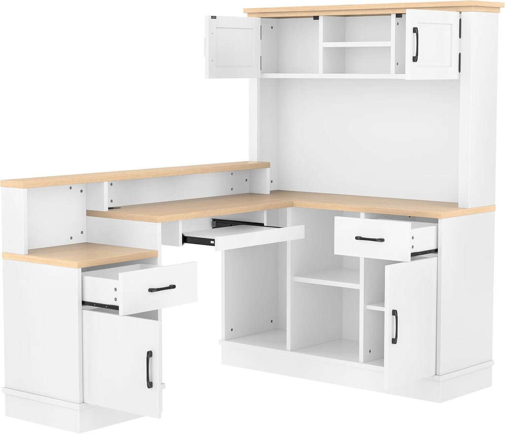 Bellemave L-Shaped Computer Desk with Power Outlet & Storage - Modern Corner Gaming Desk with Bookshelf and Drawers, Study Writing Workstation for Home Office