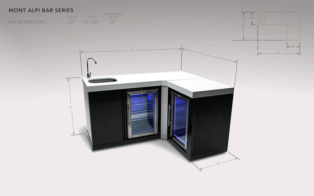 Mont Alpi MA-BEVBSS90FC Bar Series 90 Degree Corner Black Stainless Steel Double Outdoor Rated Refrigerator Wine Cooler Beverage Center Granite Countertops with Blue LED Lighting + Faucet & Sink
