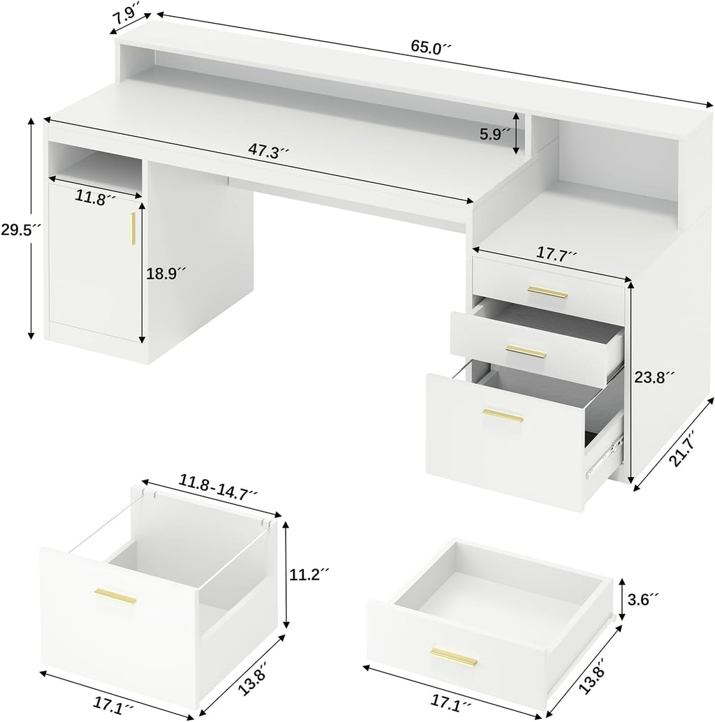 YOMILUVE Computer Desk with 3 Drawer & Storage Shelves, Home Office Desk with File Drawer & Cabinet, Writing Study Table with Long Monitor Stand & Printer Shelf, Executive Desk, White