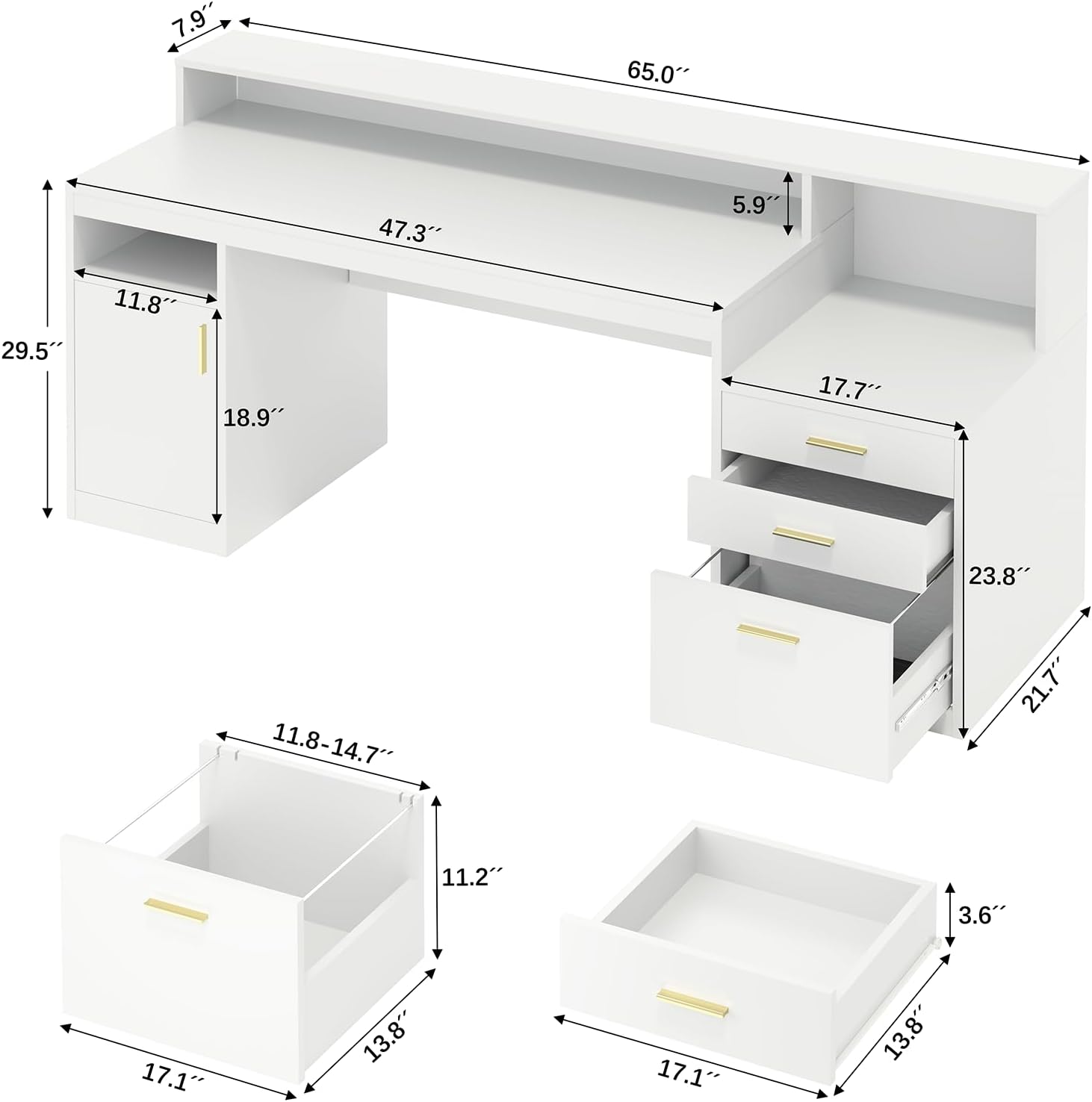 YOMILUVE Computer Desk with 3 Drawer & Storage Shelves, Home Office Desk with File Drawer & Cabinet, Writing Study Table with Long Monitor Stand & Printer Shelf, Executive Desk, White