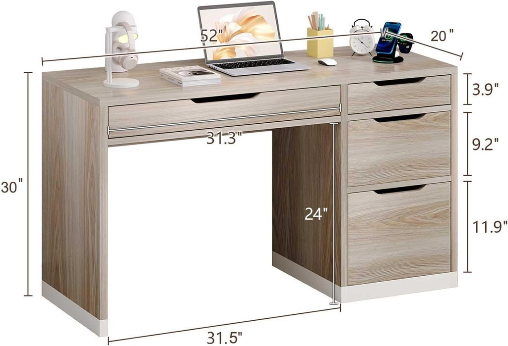 MaverickFurni 52 Inch Desk with 4 Drawers, Computer Desk with Storage File Drawer for Bedroom, Small Office Desk with Storage for Small Space, Light Walnut