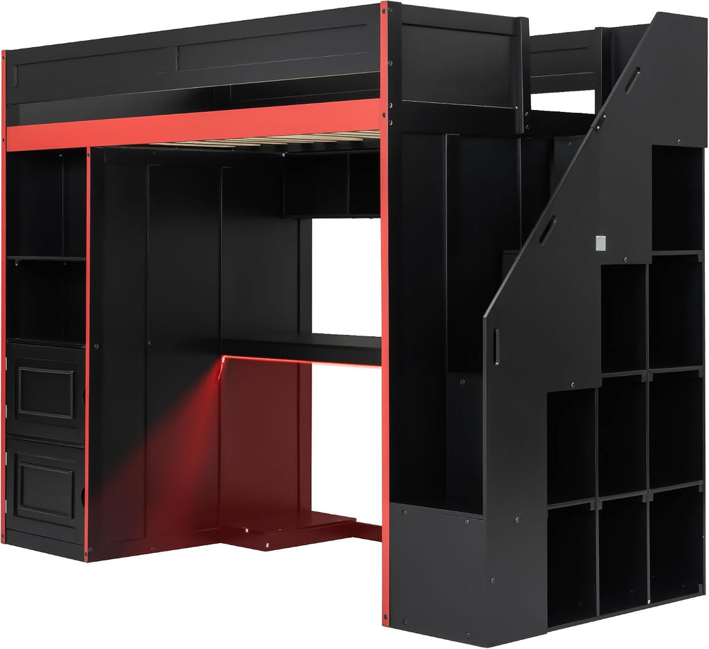 SOFTSEA Twin Size Gaming Loft Bed with Desk & Storage Stairs, Solid Wood Loft Bed with LED Lights, Wardrobe and Shelves, Space-Saving Gaming Bed for Kids Teens Adults, Black + Red