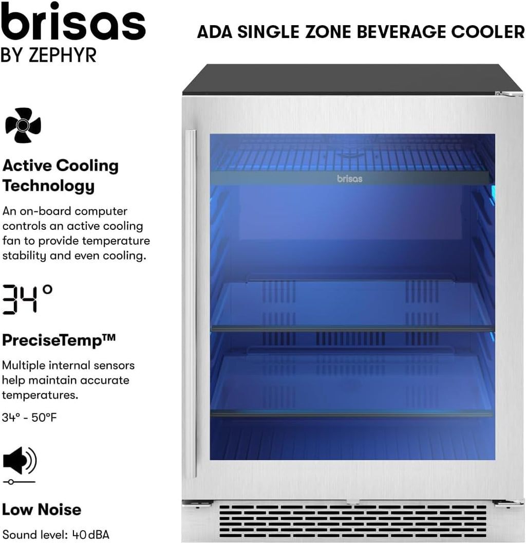 Zephyr Brisas 24' Wine Fridge & Beverage Refrigerator ADA Single Zone Under Counter - Wine Cooler Cellars Small Home Beer Fridge Cabinet Drink Chiller Freestanding with Glass Door - 8 bottles 112 cans