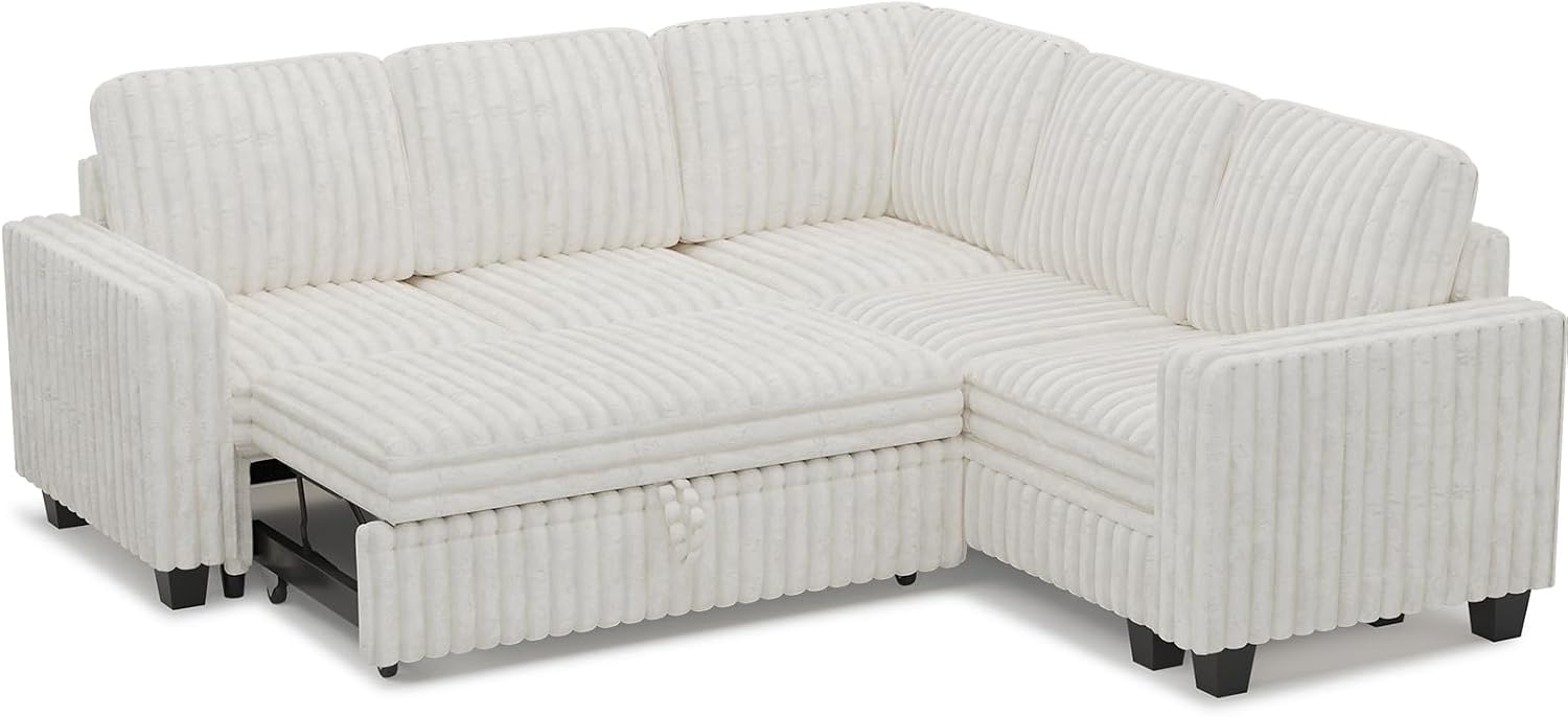 Belffin Plush Corduroy Modular Sectional Sofa with Pull Out Bed Convertible Small Sectional Corner Couch for Living Room Beige Couch