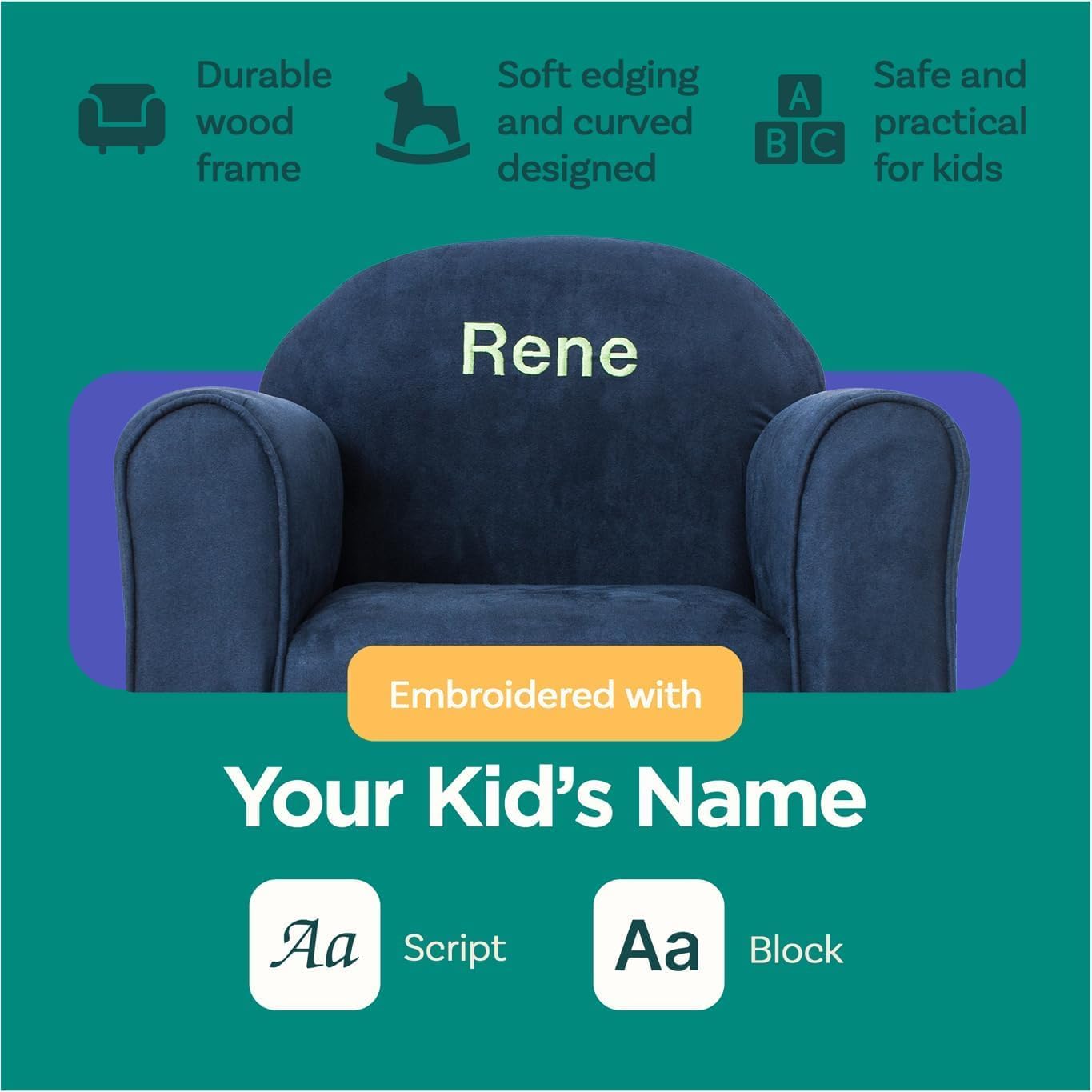 Keet Personalized Toddler Chair, Customize with Name, Soft Microsuede Upholstery, Embroidered Kids Armchair, Sturdy Wooden Frame, Easy to Clean, Ages 2–5, Gift-Ready Toddler Chair for Playrooms.