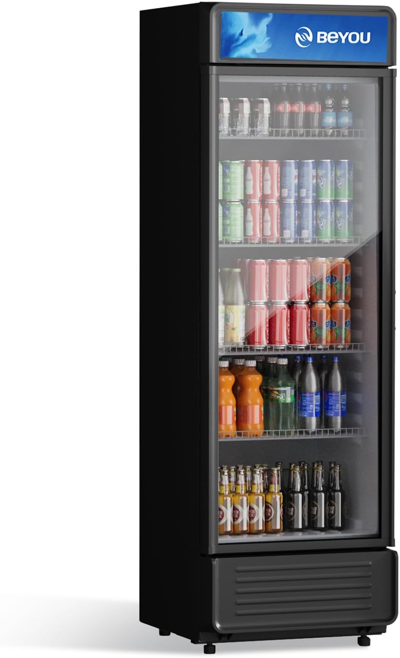 BEYOU Commercial Beverage Refrigerator, 12.2 cu. Ft Upright Display Merchandiser with single Glass Door, Drink Cooler for Living Room,Bar,Garage（Black）