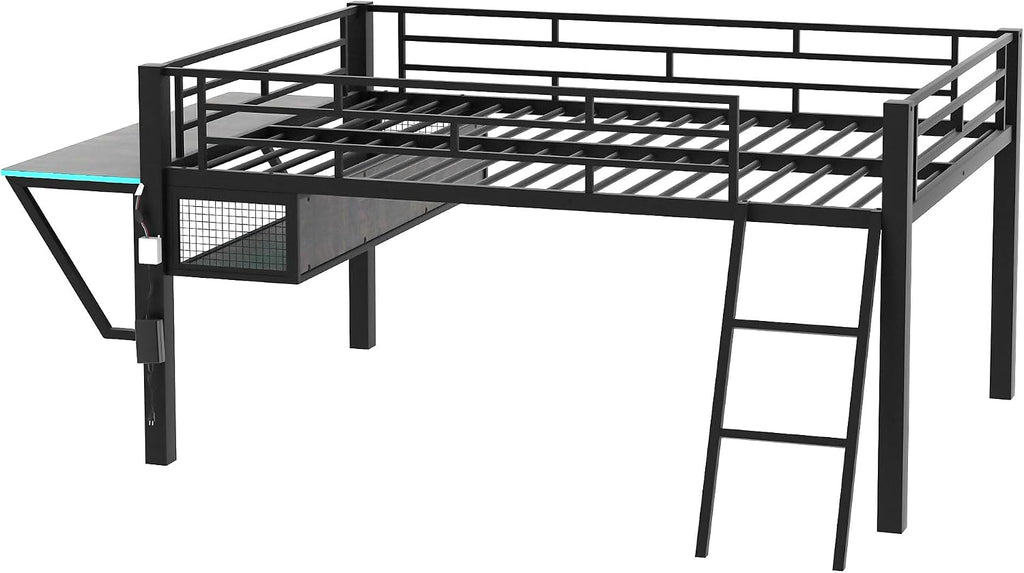 Linique Full Size Gaming Loft Bed with Desk, LED and Staircase, Metal Bed Frame with Vented Mesh Undercarriage Storage, Black