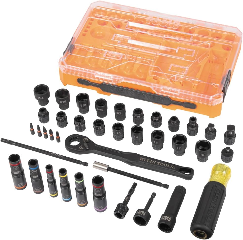 Klein Tools 65500KNECT KNECT Impact Socket Set, SAE and Metric Pass Through Socket Set, 90-Tooth Ratchet, MODbox Case, SAE, Metric, Screwdriver Handle, Bits, 39-Piece