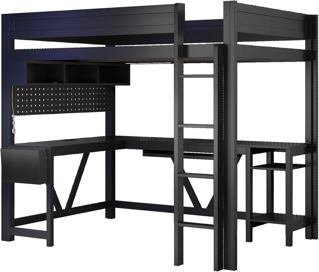 Virubi Full Gaming Loft Bed with Desk and Storage Shelves, LED RGB and Charging Station, Wood High Loft Bed with Storage Case, Ladders,and Guardrails for Adults Teens (Black)
