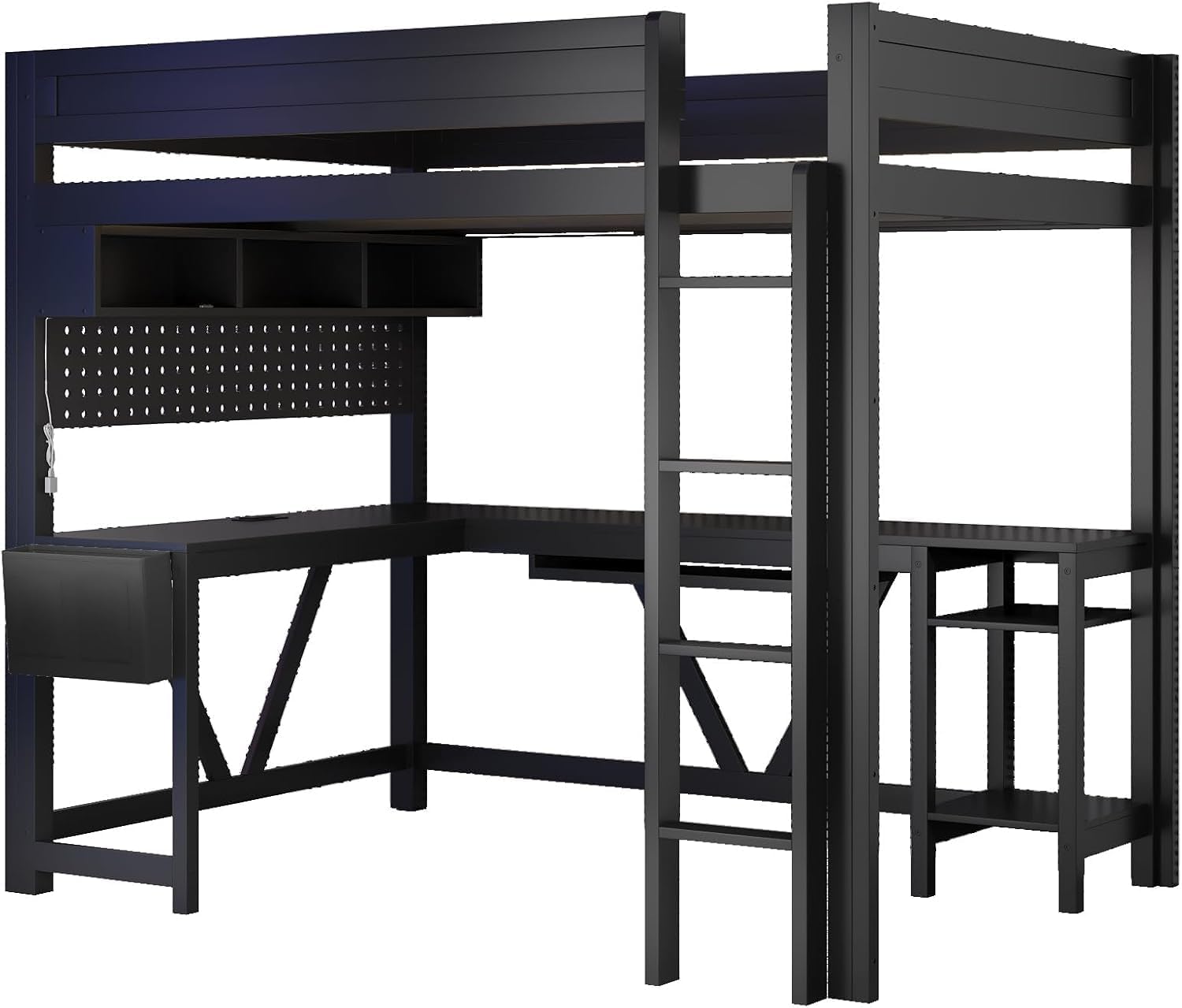 Virubi Full Gaming Loft Bed with Desk and Storage Shelves, LED RGB and Charging Station, Wood High Loft Bed with Storage Case, Ladders,and Guardrails for Adults Teens (Black)