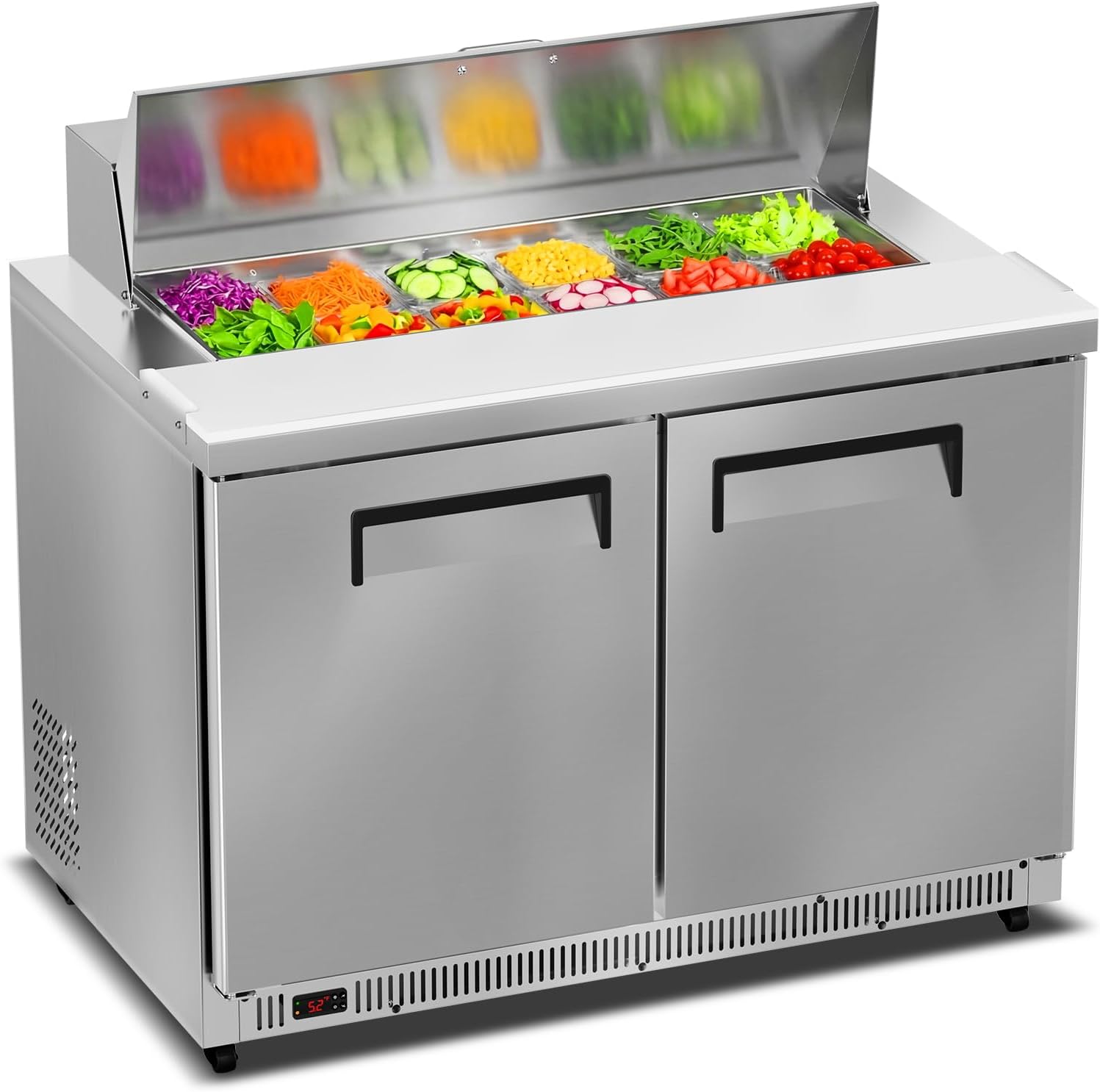 Tylza 48' Commercial Refrigerator, 12.7 Cu.Ft Sandwich Salad Prep Table, Mega Top Worktop Fridge w/ 12 Pans & Cutting Board, 2-Door Stainless Steel Salad Prep Cooler for Restaurant & Food Truck