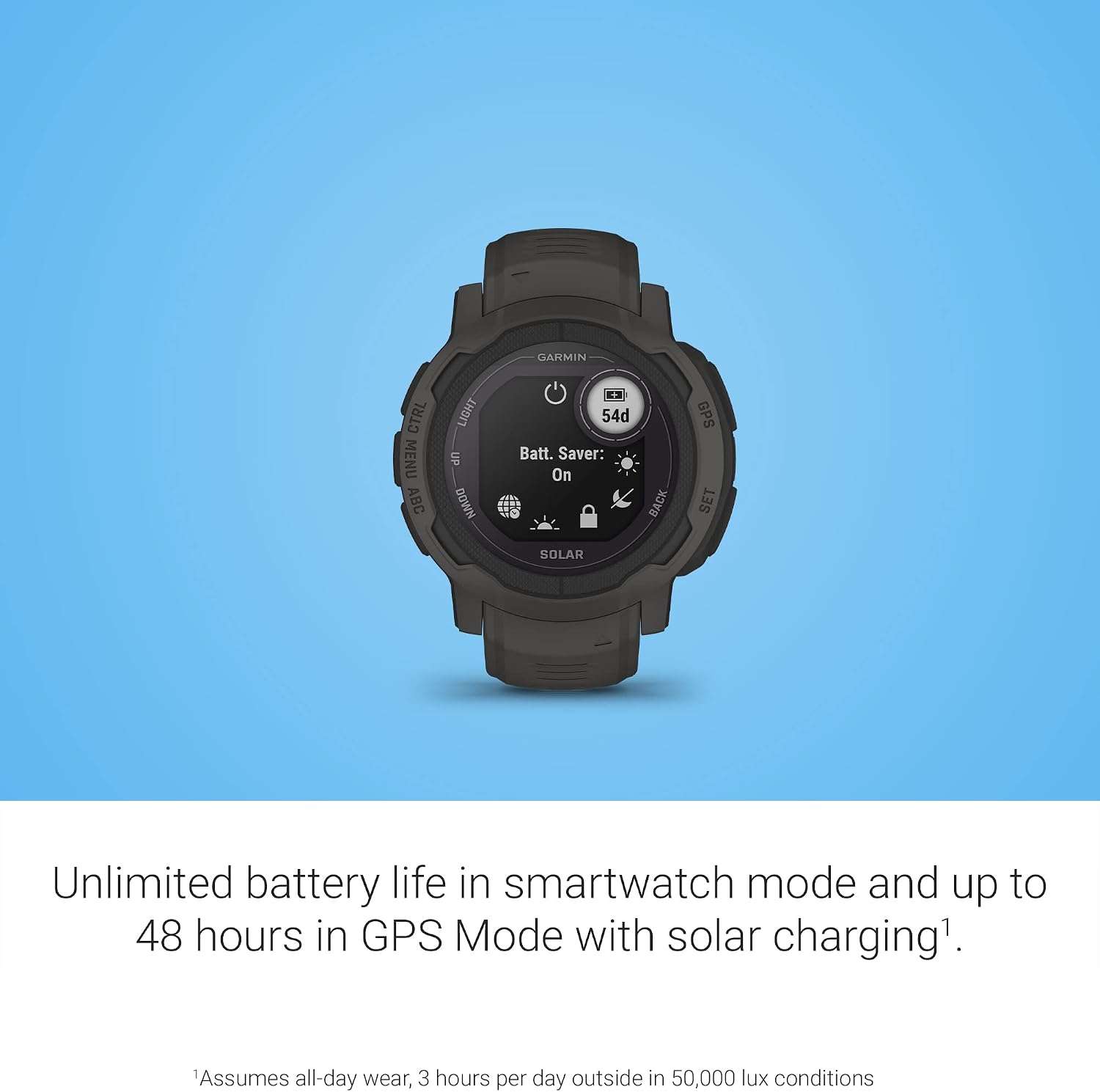 Garmin Instinct 2 Solar, GPS Outdoor Watch, Solar Charging Capabilities, Multi-GNSS Support, Tracbak Routing, Graphite (Renewed)