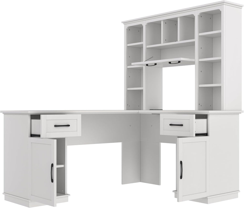 Bellemave L-Shaped Computer Desk with 2 Cabinets and 2 Drawers, Home Office Desk with 11 Open Shelves and 1 Right Flip Shelf, Corner Desk for Study, Living Room and Office (Off White