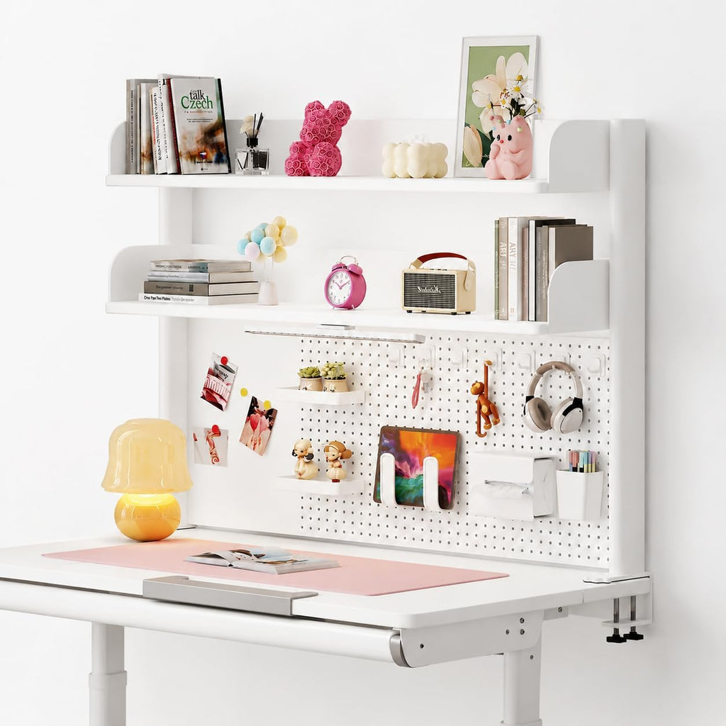 Clamp on Desk Shelf with Pegboard, Desktop Organization Bookshelf Storage Shelves for Home Office Dorm Gaming Desk, Space Saving Tabletop Display Rack