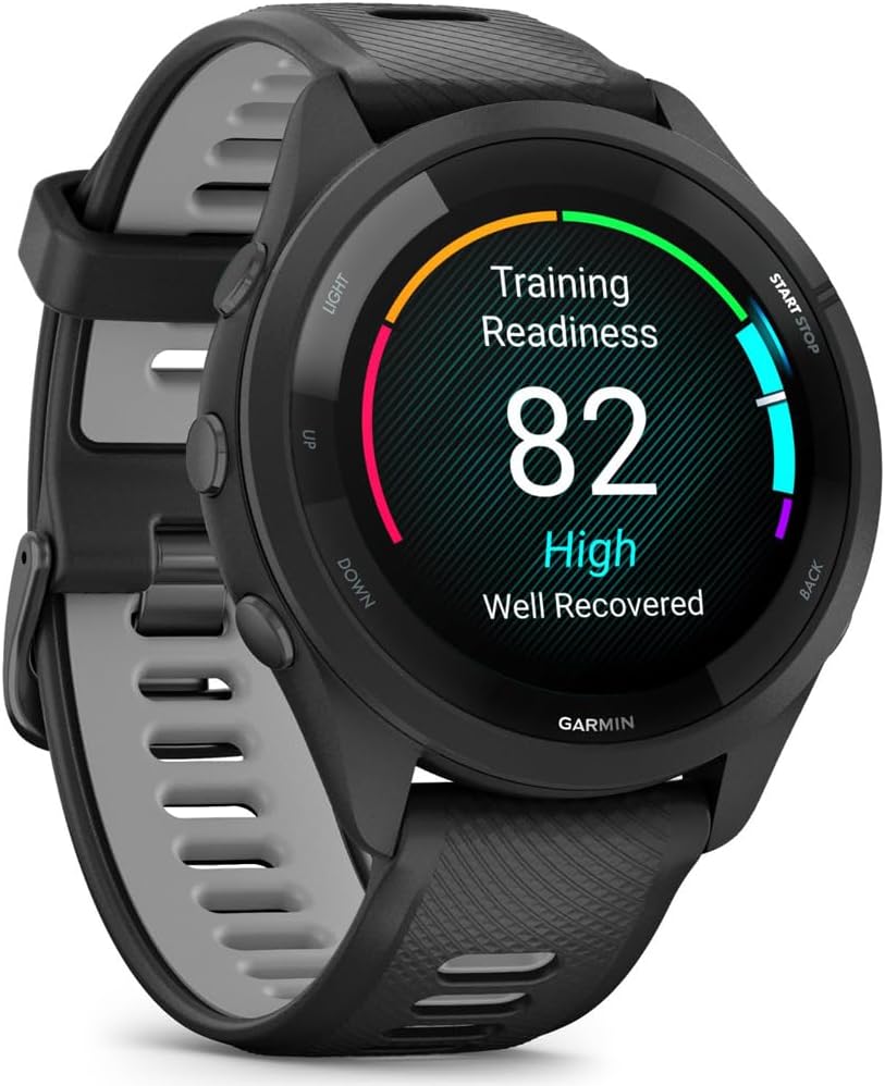 Garmin 010-02810-00 Forerunner 265 GPS Smartwatch, Black/Powder Gray | Official USA Partner Model | Bundle with Sport Towel + Deco Essentials Wearable Commuter Front & Rear Safety Light