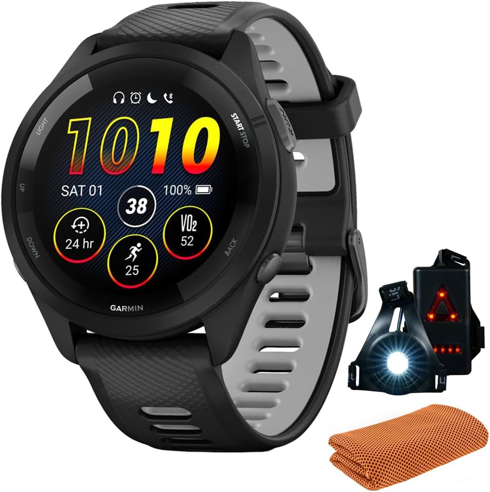 Garmin 010-02810-00 Forerunner 265 GPS Smartwatch, Black/Powder Gray | Official USA Partner Model | Bundle with Sport Towel + Deco Essentials Wearable Commuter Front & Rear Safety Light