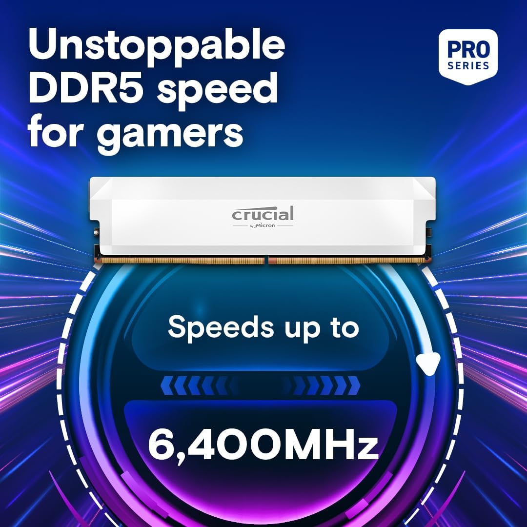 Crucial Pro DDR5 RAM 64GB Kit (2x32GB) 6400MHz CL40, Overclocking Desktop Gaming Memory, Intel XMP 3.0 & AMD Expo Compatible – White CP2K32G64C40U5W