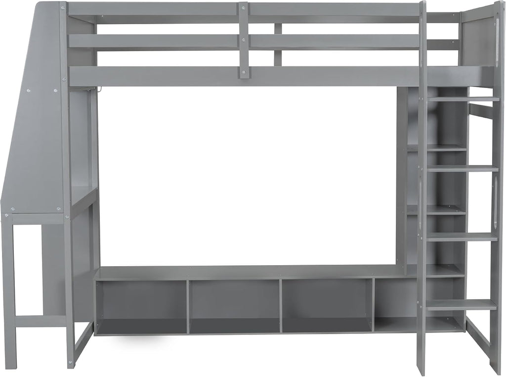 Solid Wood Gaming Loft Bed Twin Size with Desk & Shelves & Hanging Rack & LED,Esports Design for PC & Console Gamers,Space Saving Loft Bed Frame with Guardrails & Ladder,No Box Spring Needed,Gray