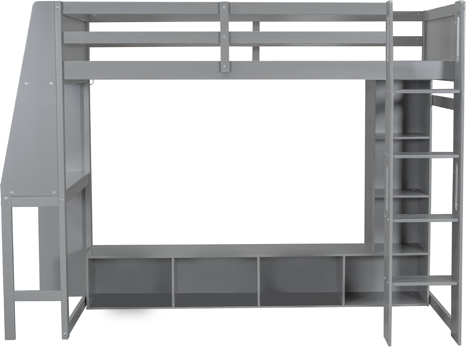 Solid Wood Gaming Loft Bed Twin Size with Desk & Shelves & Hanging Rack & LED,Esports Design for PC & Console Gamers,Space Saving Loft Bed Frame with Guardrails & Ladder,No Box Spring Needed,Gray