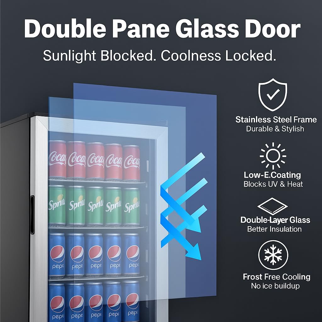 20.1 Inch Built-in Beverage Refrigerator with 7-Color LED Light, Compact 120 Can Under Counter or Freestanding Stainless Steel Drink Cooler Fridge with Glass Door for Soda & Beer