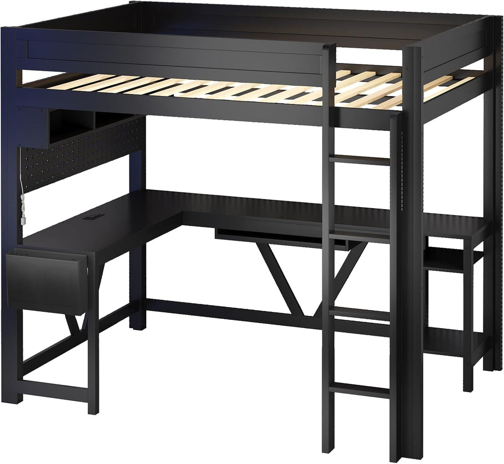 Virubi Full Gaming Loft Bed with Desk and Storage Shelves, LED RGB and Charging Station, Wood High Loft Bed with Storage Case, Ladders,and Guardrails for Adults Teens (Black)