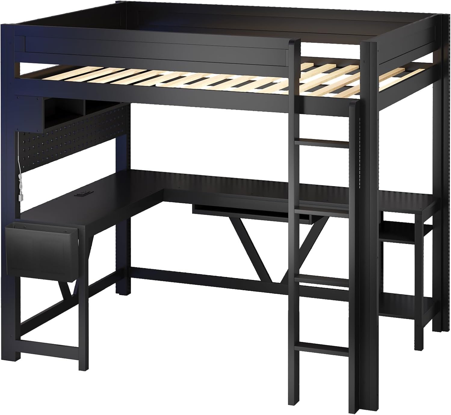 Virubi Full Gaming Loft Bed with Desk and Storage Shelves, LED RGB and Charging Station, Wood High Loft Bed with Storage Case, Ladders,and Guardrails for Adults Teens (Black)